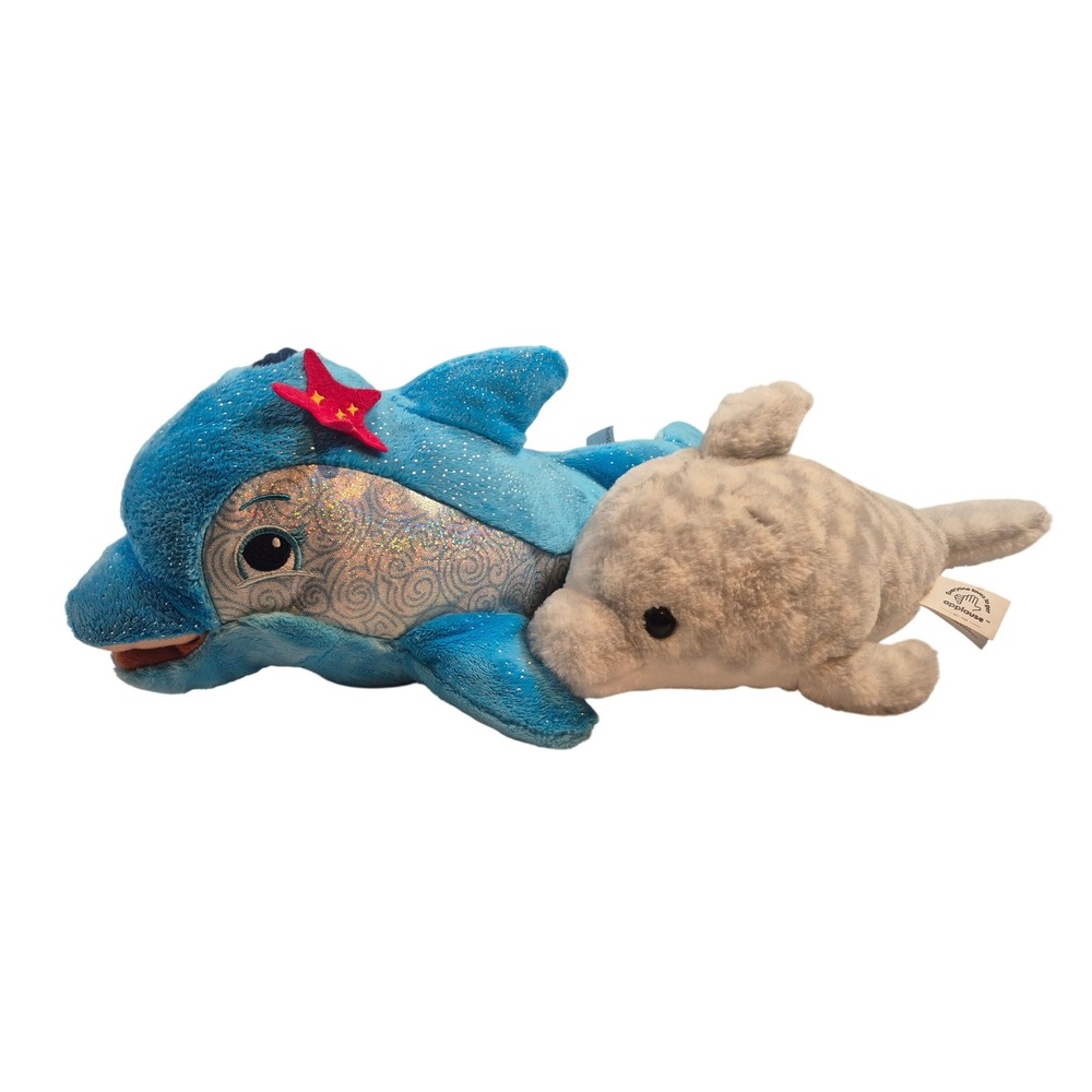 Go Bright Blue Glitter Coral The Dolphin & Applause Gray Dolphin Plush set of 2